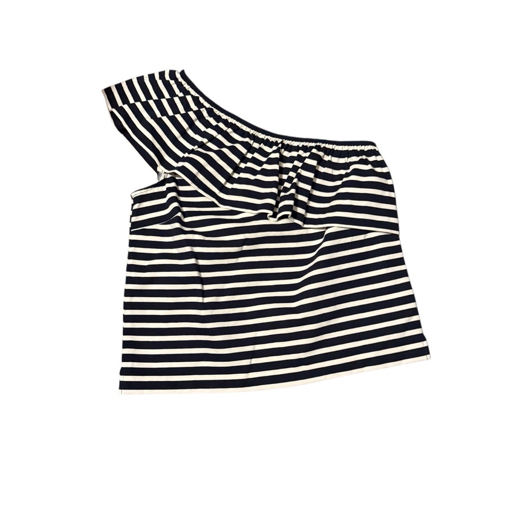 J. Crew White and Blue Asymmetrical Ruffled Blouse